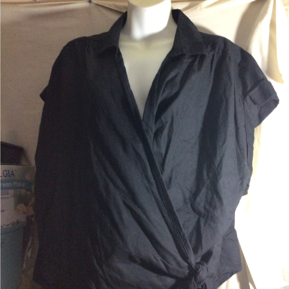 Women’s Black Wrap Top - Classic Collared Short Sleeve